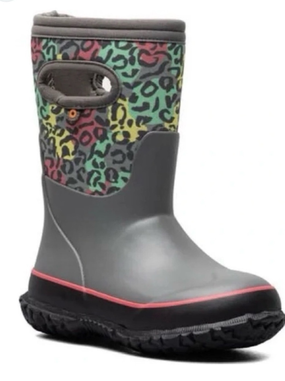 BOGS Kids Rainbow Leopard Gray Rain Boot with Pull-Handle 11 Toddler